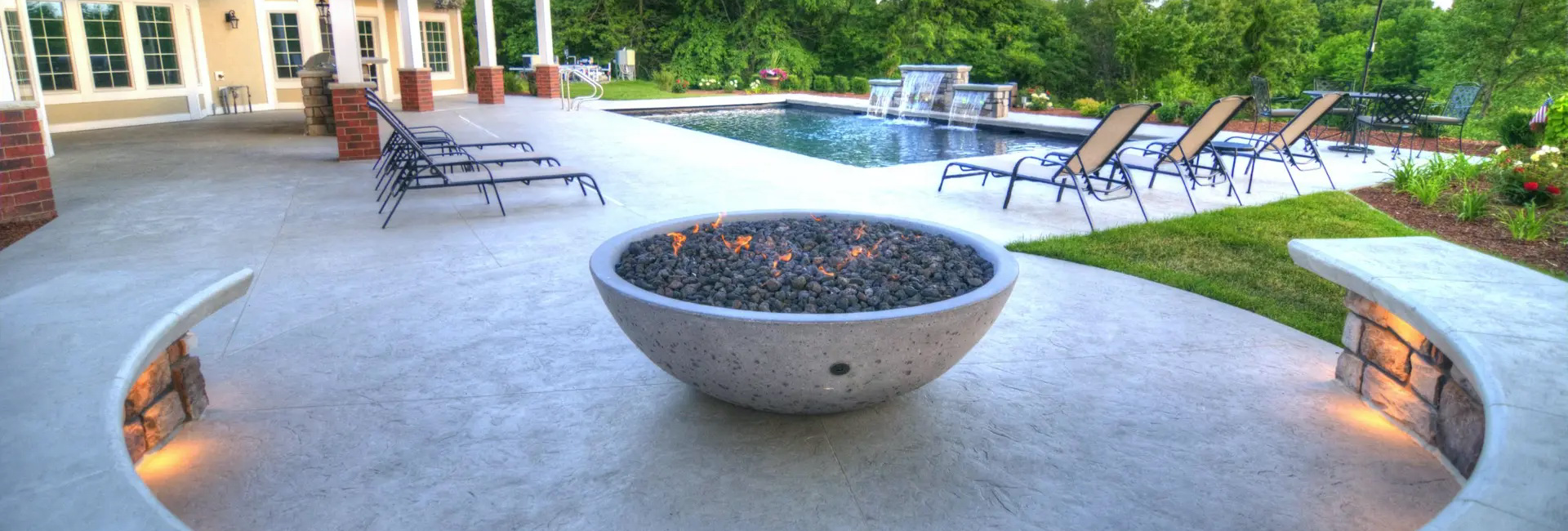 Concrete slate texture skin backyard pool firepit