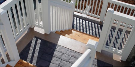 Stamped concrete steps wood overlay